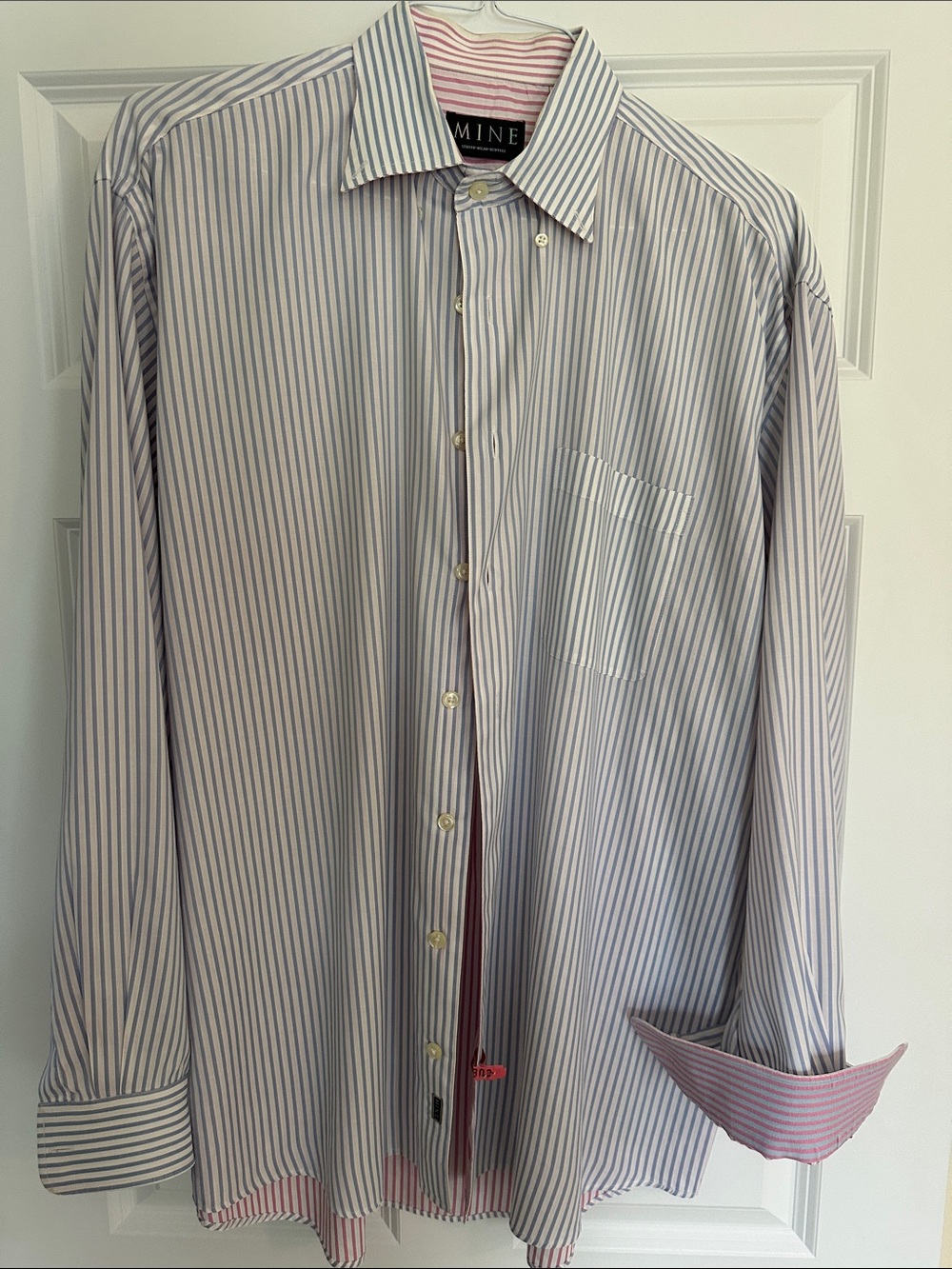 mine Men's White Dress Shirt with Blue Pinstripes and Pink Accents